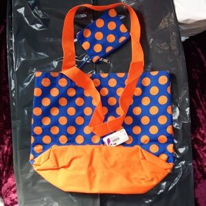 Polka Dot Tote Bag with Pouch - Orange and Blue